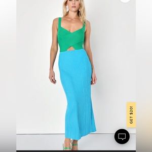 Lulu’s Green and Blue Color Block Ribbed Cutout Dress, M